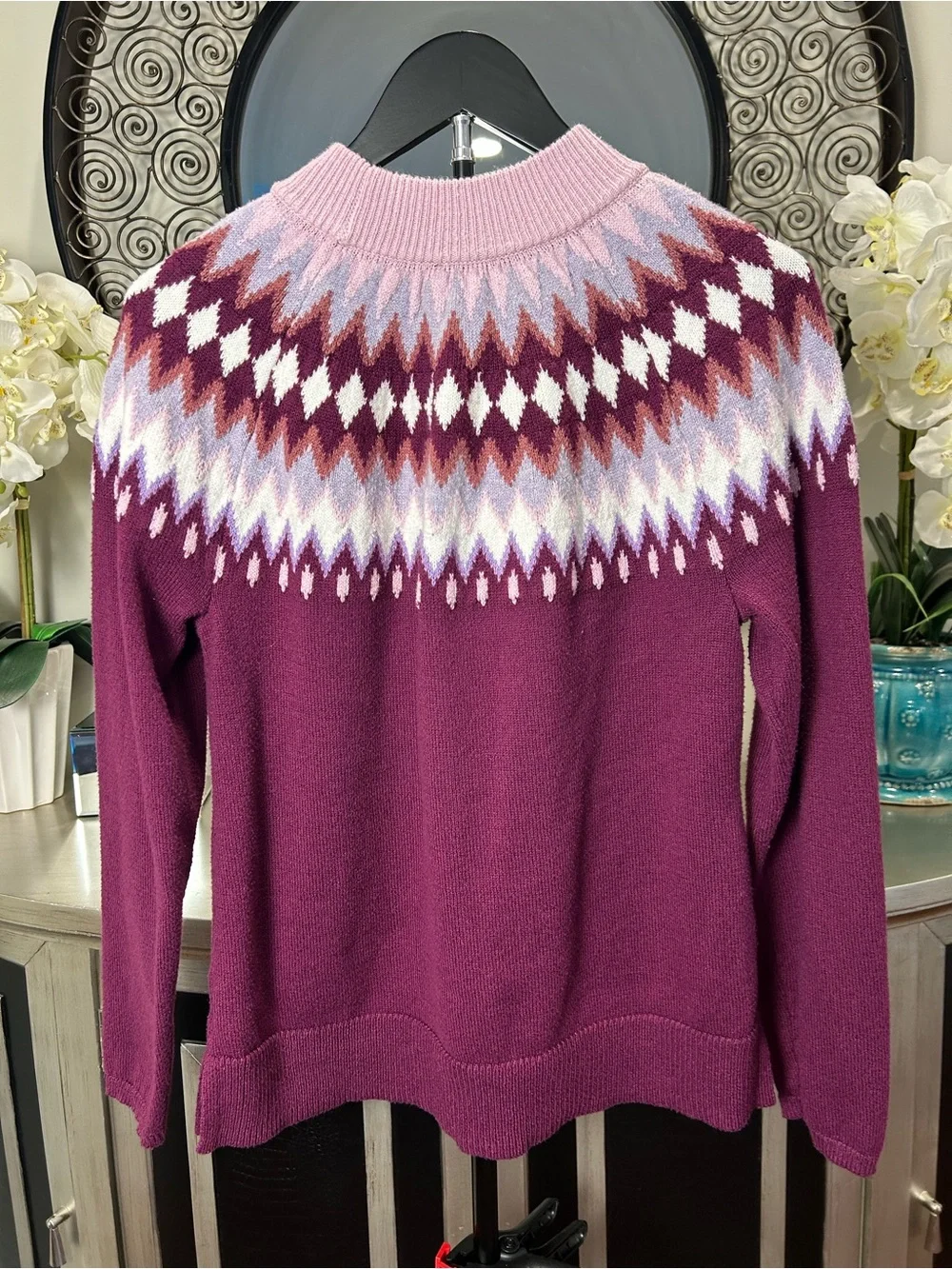 Talbots Fair Isle Crew Sweater in Plum and Dusty Pink